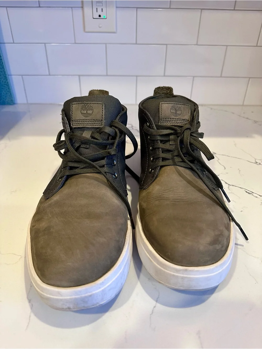 Timberland Men's Olive/Tan Leather Chukka Boots with White Sole